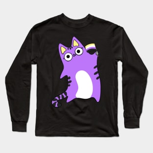 Nonbinary Pride Flag Waving Purple Cat Queer LGBTQIA non binary Long Sleeve T-Shirt